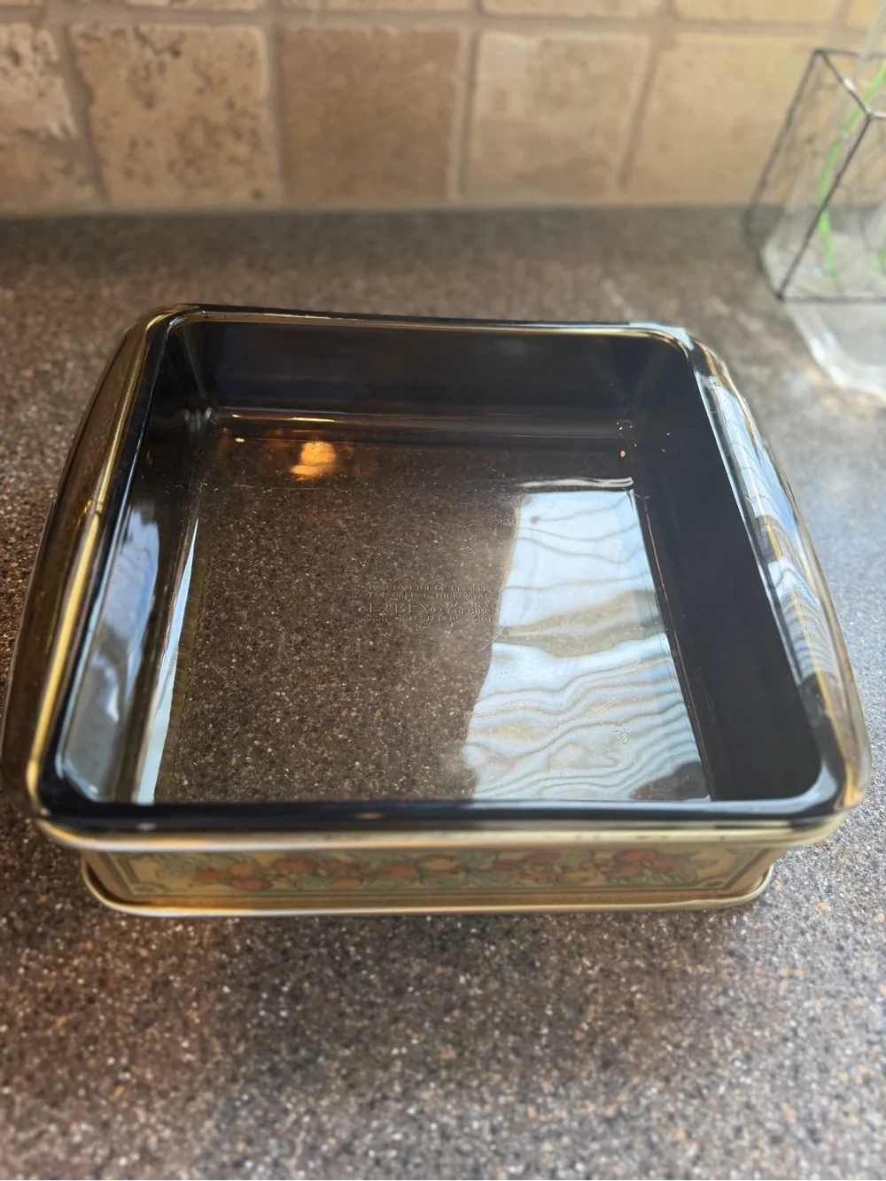 Vintage Pyrex 232 2 Qt Casserole Dish w/ Fruit Metal Serving Cradle Handles